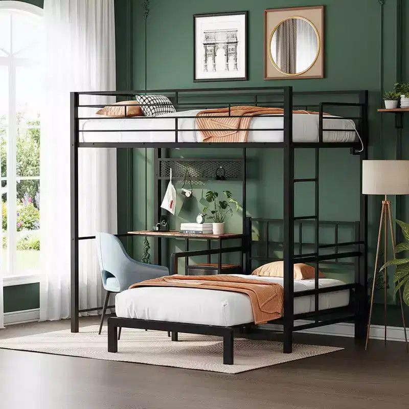 Karl Home Twin Size Metal Bunk bed with Desk,Drawers,LED Strip,USB Charging Station, Guardrails and Ladder