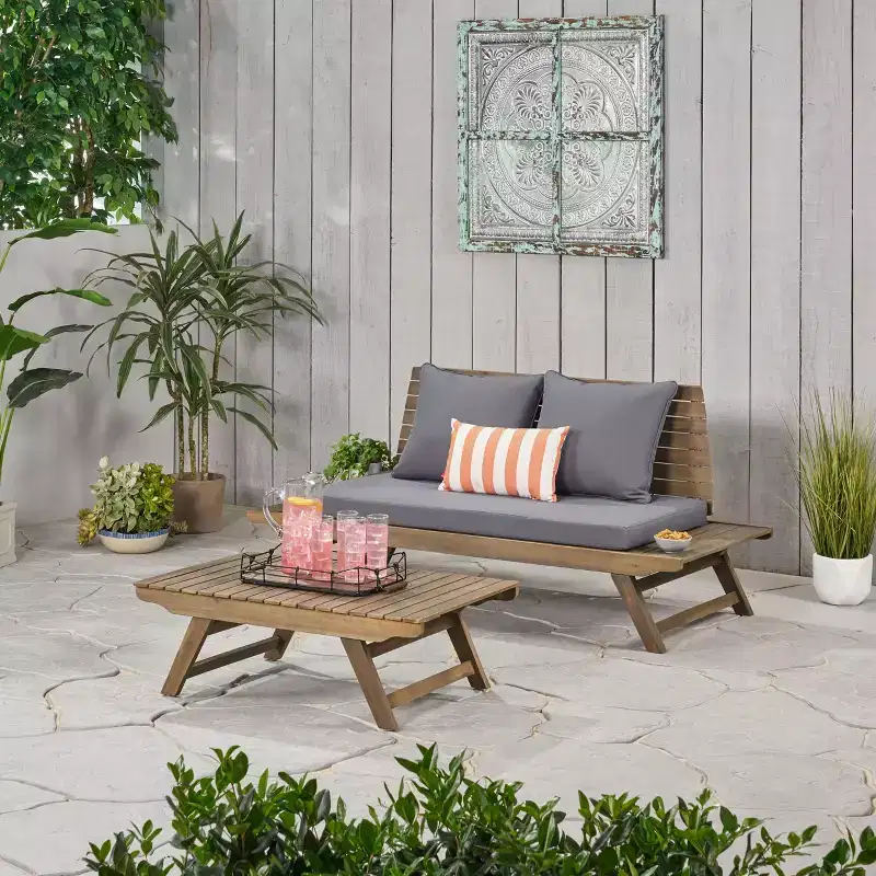 Christopher Knight Home Sedona Outdoor Acacia Wood Loveseat and Coffee Table Set with Cushion