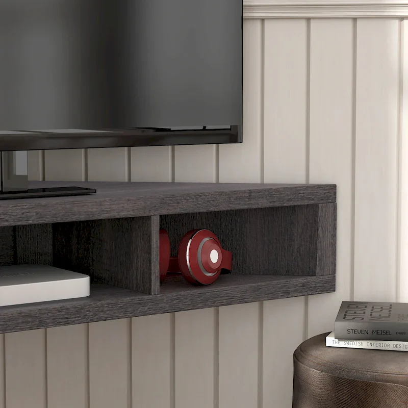 47 Corner Floating TV Stand, 3 Shelves, Transitional Style, Space-Saving Wall Mount