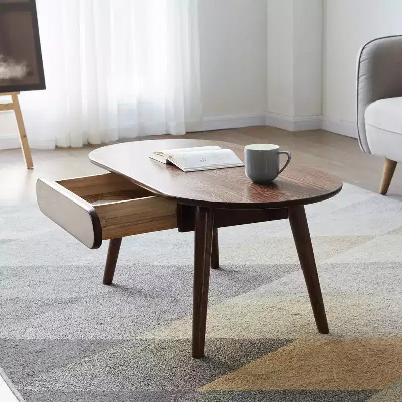 Belle Solid Oak Wood 39.37W Oval Coffee Table with One Drawer