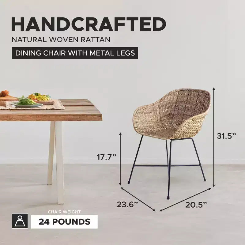 texxture Ormond Woven Rattan Dining Chair, Indoor Outdoor Dining or Kitchen Furniture for Table or Porch with Metal Legs, Natural