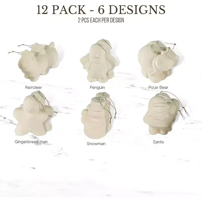 4E's Novelty Ready to Paint Ceramic Ornaments 12 pack - DIY Ceramic Figures to Paint for Kids & Adults, Design Your Own Christmas Ceramics for Display