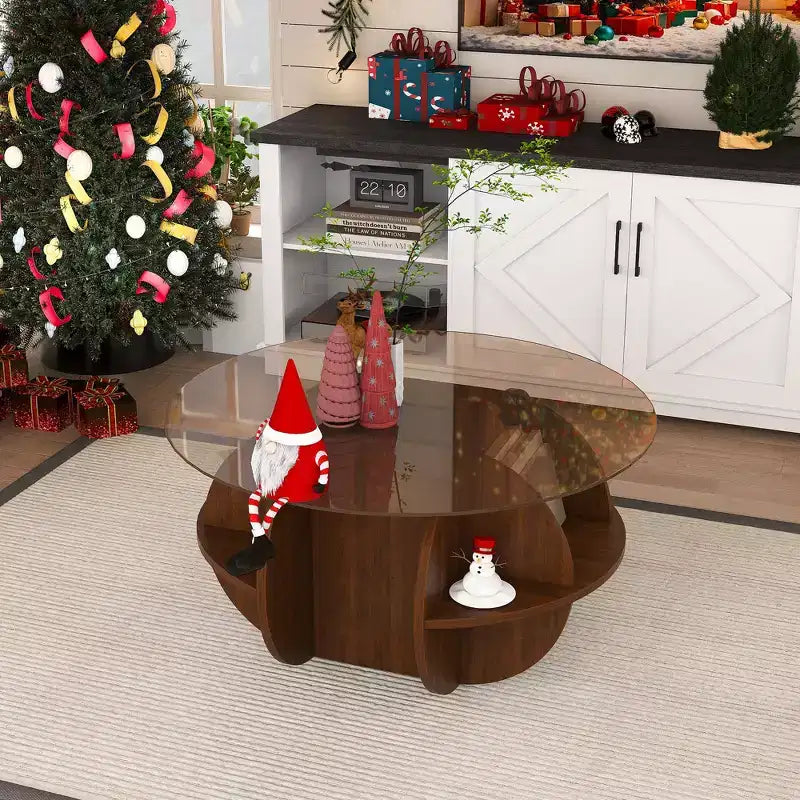 GDFStudio Cyra Farmhouse Wooden Storage Round Coffee Table with Tempered Glass Top and 4-Tier Shelves