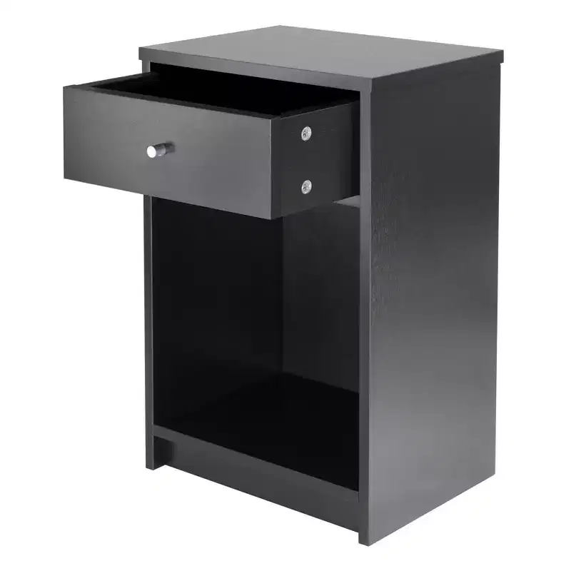 Black Single-Drawer Nightstand with Open Shelf - Lacquered Wood Composite
