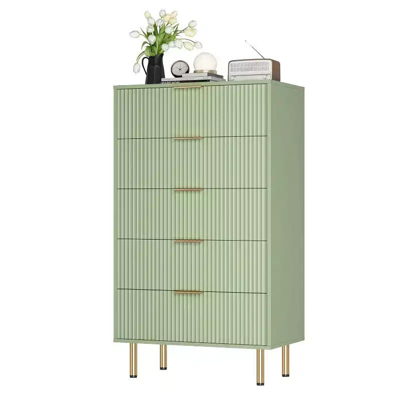 5 Drawer Dresser, Tall Modern Chest with Fluted Panels & Wide Gold Handles, Bedroom Storage Organizer for Closet, Living Room, Entryway