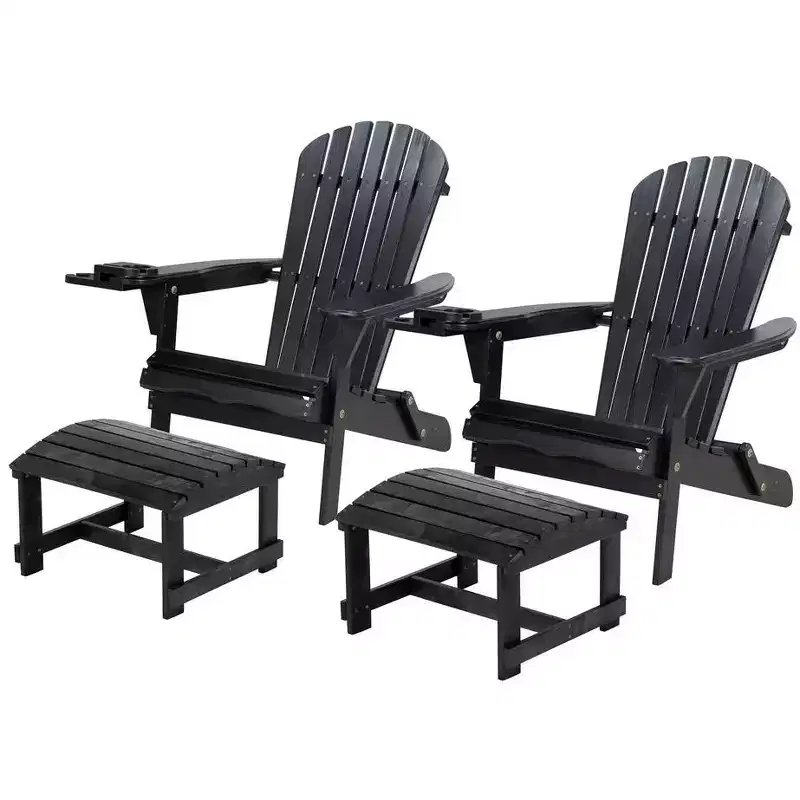 Jiallo Foldable Adirondack Chair with cup holder Conversation Set, 2 Foldable Adirondack Chairs with cup holders with Ottoman