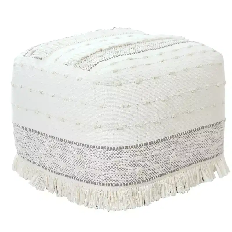 HomeRoots 18 Cream Cotton Striped Pouf Ottoman