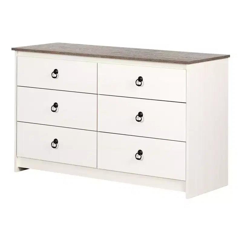 South Shore Plenny 6 Drawer Double Dresser: White Wash/Weathered Oak, Anti-Tip Hardware, Laminated Finish, 52 Width