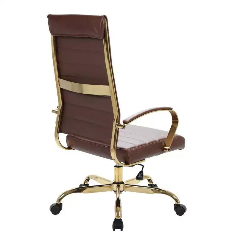 LeisureMod Benmar High-Back Ribbed Leather Office Chair - Modern Swivel & Tilt Executive Desk Chair - Gold Base