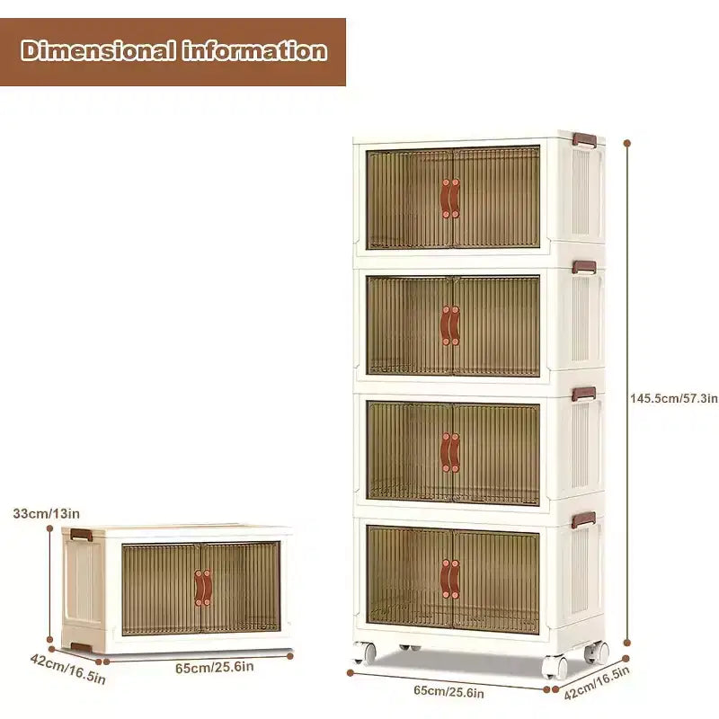 Foldable Storage Bins with Wheels, Stackable Organizer Bins with Translucent Doors for Home Closet Kitchen Organization