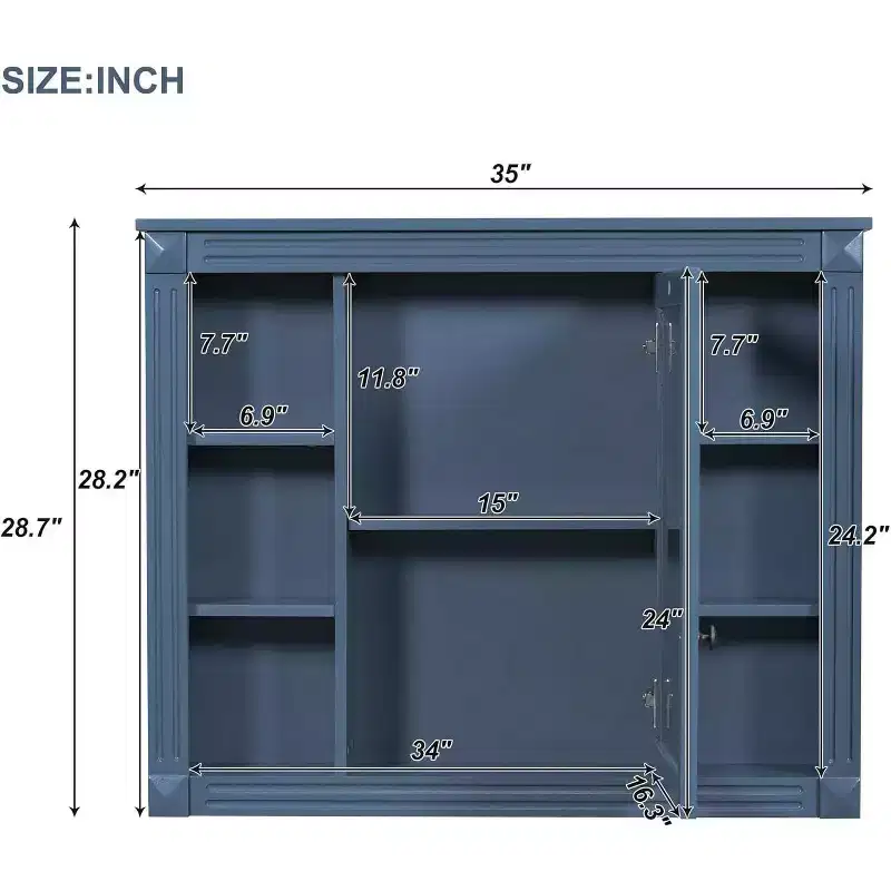 Bathroom Wall Cabinet with 6 Shelves, 35-Inch Wide Mirror Front, Adjustable Storage Space, Blue Finish, Easy Mount Included