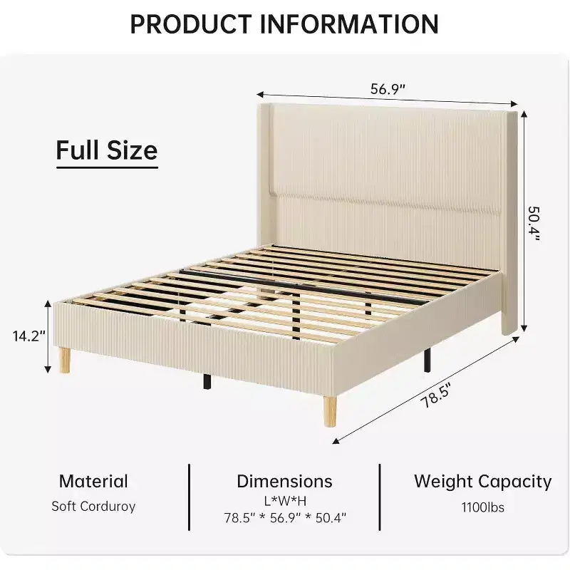 King Size Corduroy Bed Frame, with Vertical Channel Tufted Wingback Headboard, Strong Wooden Slats Support, No Box Spring Needed, Easy Assembly