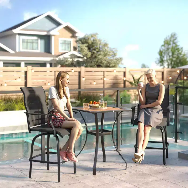 Set of 2 Outdoor Swivel Bar Stools with Armrests, Bar Height Patio Chairs with Steel Frame for Balcony, Poolside