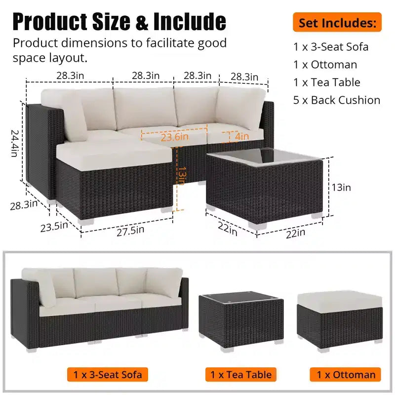 Acekool 5-Piece Outdoor Patio Sectional Set with All-Weather Rattan, Tempered Glass Table & Cushions