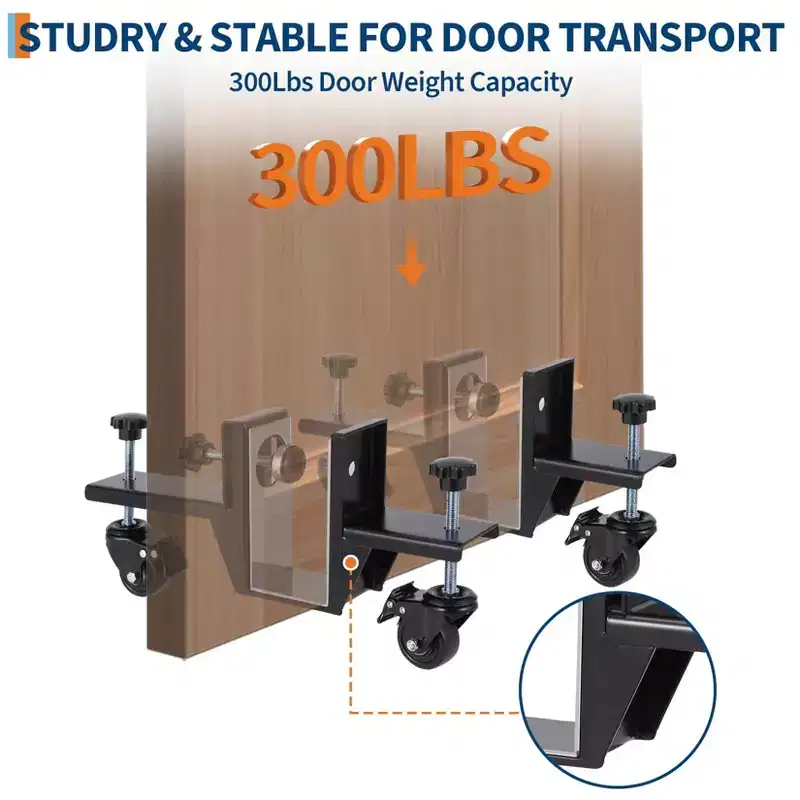 Door Installation Kit, Door Dolly - 2 Piece Heavy Duty 300 Lbs Capacity for 0-2.99 Inches Thick Doors, One-Person Use with Braked Wheels, Black