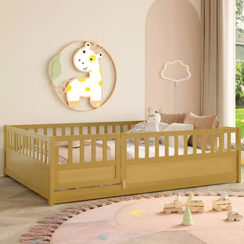 JVNOXK Children's Drop-Side Crib Frame, Full-Size One-Piece Construction with Extra-High Safety Rails and Door, Natural Wood Slatted Base