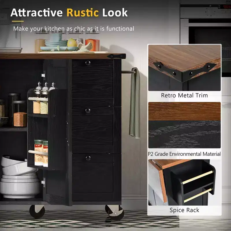 Whisen Farmhouse Style Kitchen Cart Island with Drop Leaf and Locking Wheels