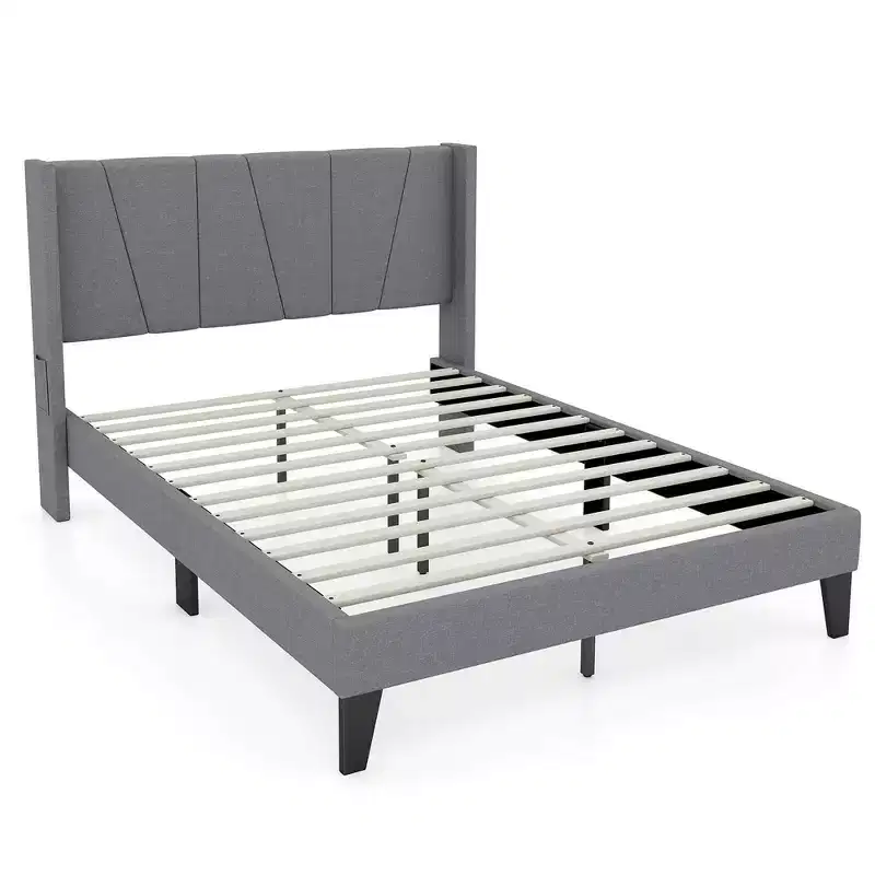 Full Size Upholstered Bed Frame w/ Elastic Pockets Mattress Foundation Gray