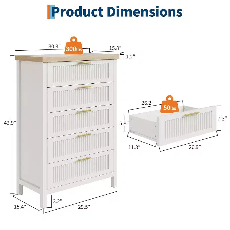 5-Drawer Dresser, Modern Wooden Bedroom Chest of Drawers With Handles and Storage Drawers, Farmhouse Style TV Stand for Living Room, Bedroom, Hallway