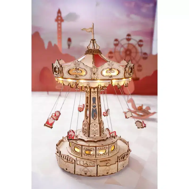 Hands Craft Electro Mechanical Wooden Puzzle Swing Ride: 3D Miniature Kit, Craft Activity, Requires 3 AAA Batteries