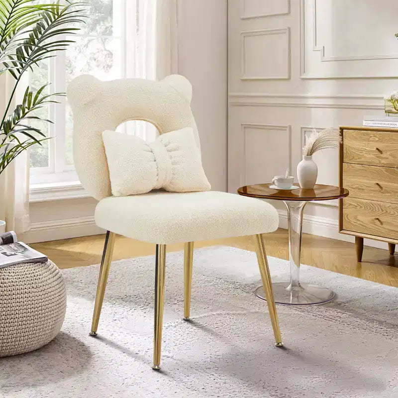Furniliving Vanity Chair, Faux Shearling Upholstery, Backrest Pillow and Golden Metal Legs, for Living Room/Dressing Room/Home Office