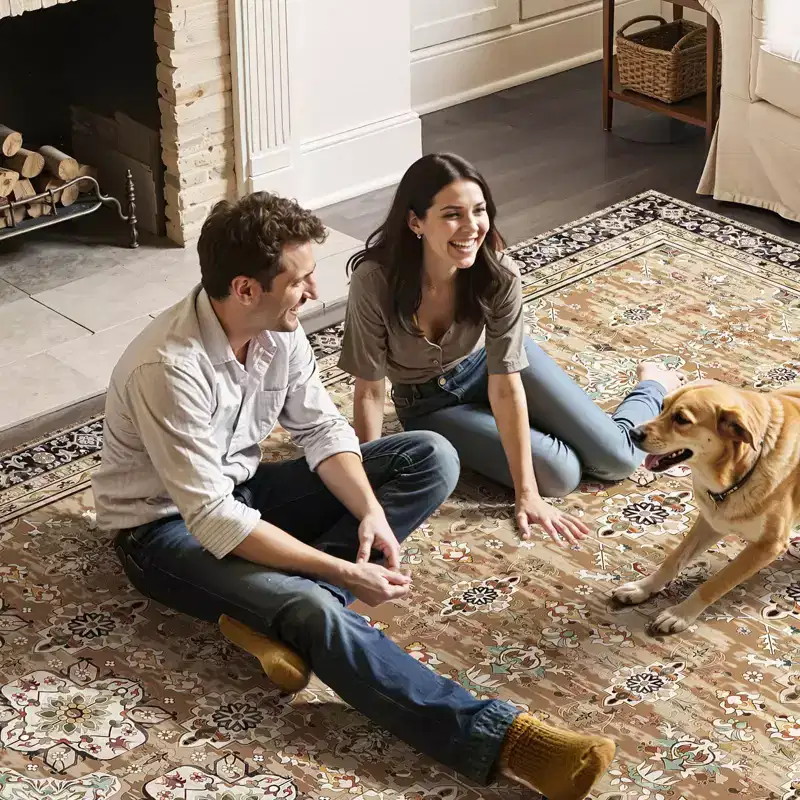 VEVOR Area Rug,9 x 12 ft Large Washable Rug, Non-Slip and Tear-Resistant Soft Carpet,Pet Friendly Vintage Area Rugs,Indoor Mat for Bedroom,Brown Green