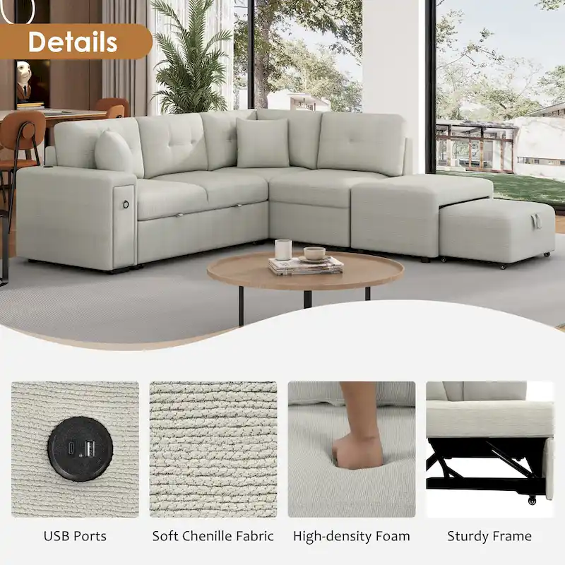 L-Shaped 4-Seat Sectional Sofa with Pull-Out Bed, Ottoman, USB Ports & Drop-Down Table