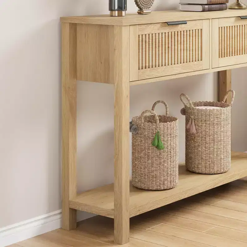 COZONY 43 Fluted Console Table with Burlywood 2 Drawers, 2-Tier Wooden Entryway Sofa Table