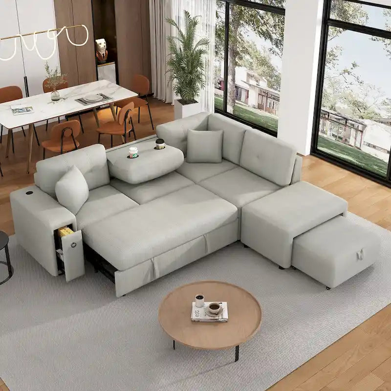 L-Shaped 4-Seat Sectional Sofa with Pull-Out Bed, Ottoman, USB Ports & Drop-Down Table