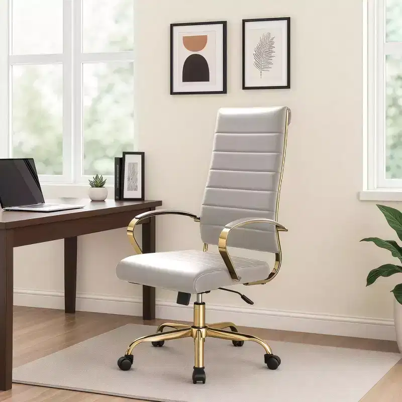 LeisureMod Benmar High-Back Ribbed Leather Office Chair - Modern Swivel & Tilt Executive Desk Chair - Gold Base