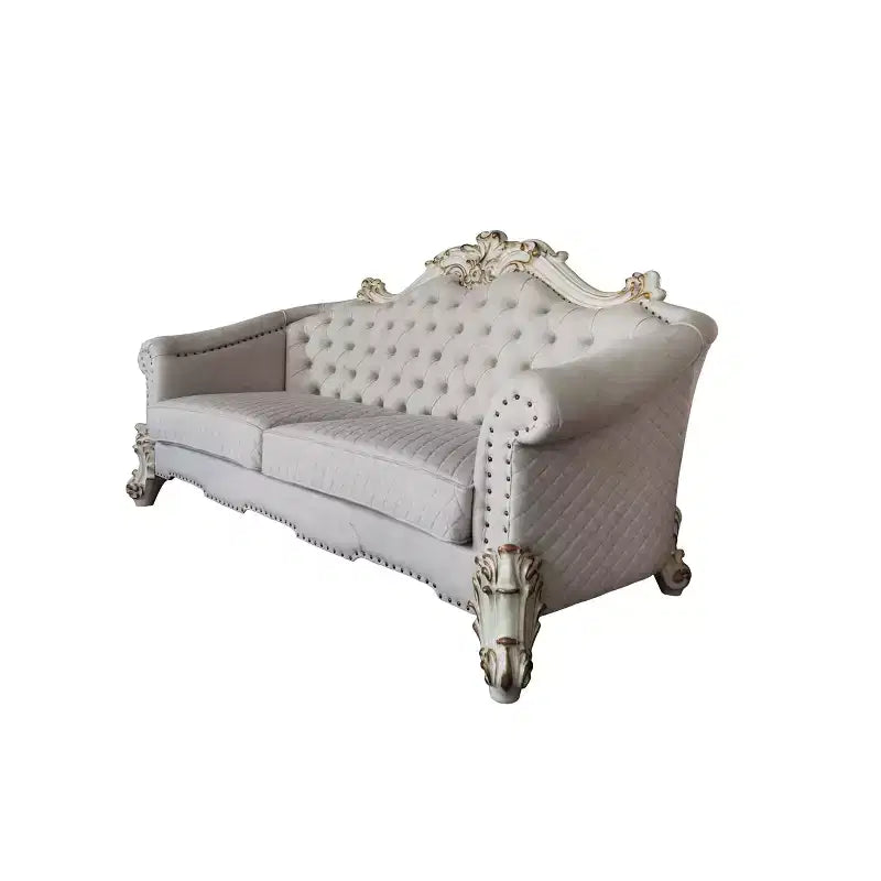 89" Vendome II Sofa: Traditional Off-White Upholstered with Tufted Nailhead Trim, Antique Finish, 3 Accent Pillows