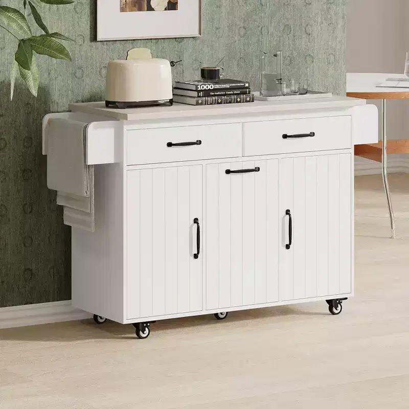 Kitchen Island with Trash Can Storage, Drop Leaf, Spice Rack, Adjustable Shelf, Rolling Kitchen Cart