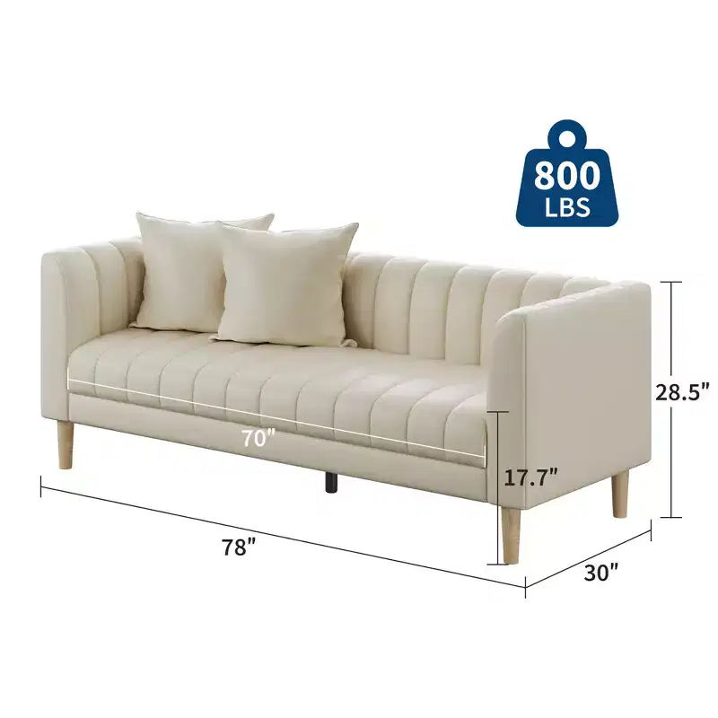 Modern Faux Leather Sofa 83, 3 Seater Deep Seat Couch with Wood Legs, Ergonomic Cushions & 2 Throw Pillows for Living Room, Bedroom or Apartment