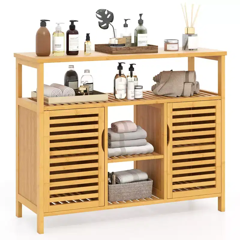 Costway Bamboo Bathroom Cabinet 2-Door Storage Organizer w/ Shelves for Living Room