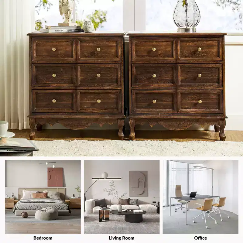 Set of 2 Galatea 32'' Traditional Solid Wood 3 - Drawer Accent Chest with Charging Station | HULALA HOME
