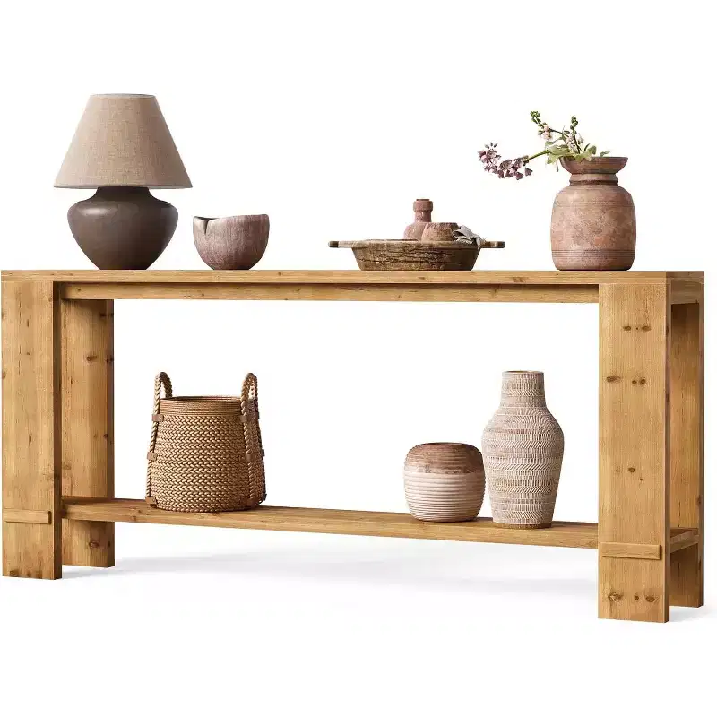 70-Inch Solid Wood Farmhouse Console Table – Natural Wood