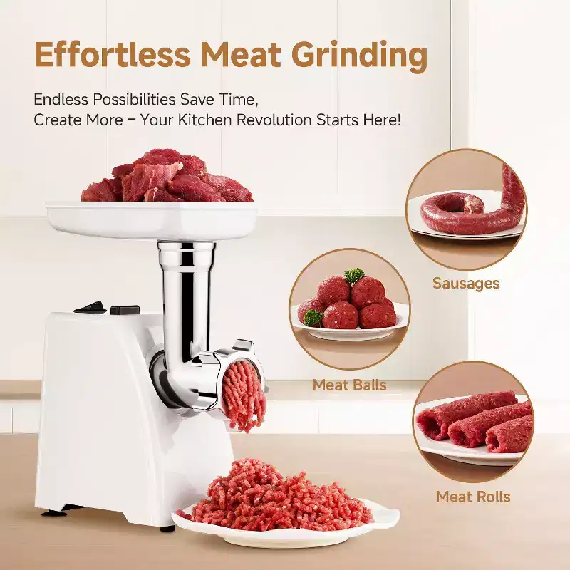 3-in-1 Meat Grinder Includes 3 plates (3/5/7mm), sausage kit & Kubbe, Crush 3lbs/min, One-touch Control, Reverse function, 300-2800W Meat Slicer