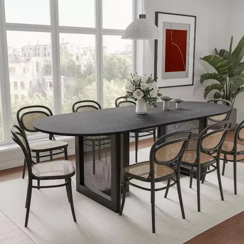PexFix 79 x 33.5 Farmhouse Kitchen Dining Room Table Home Furniture Oval Black Kitchen Table with Rattan Woven Legs for Kitchen Bar Living Room