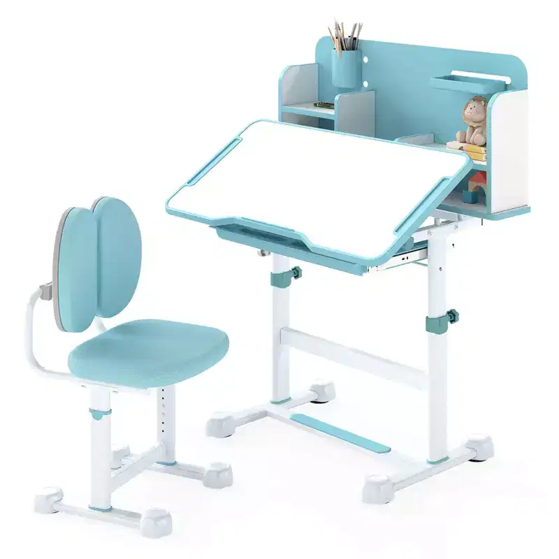Costway Kids Study Desk & Chair Set with Tilt Desktop, Pen Holder & Tray, Reading Stand Blue/Gray