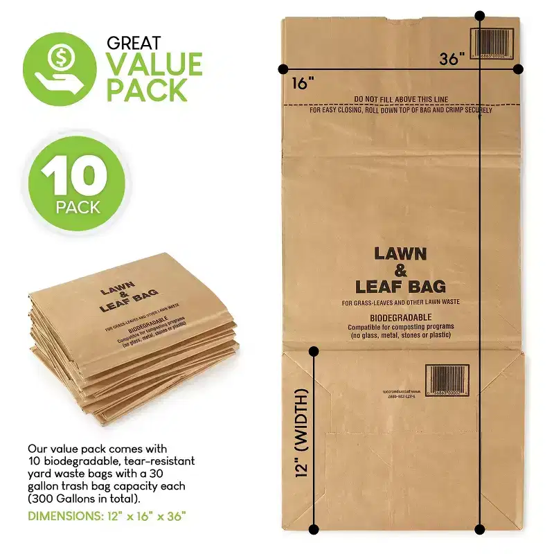 30 Gallon Kraft Lawn and Leaf Bags 10 Pack Eco Friendly Heavy Duty Large Paper Yard Waste Bags Tear Resistant for Grass Leaves Weeds Twigs