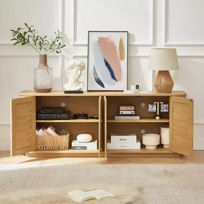 24/31.5H Wave Shaped Buffet Sideboard, TV Stand, Rounded Corner Cabinet with Wood Vertical Striped Rattan Doors, Natural - ModernLuxe