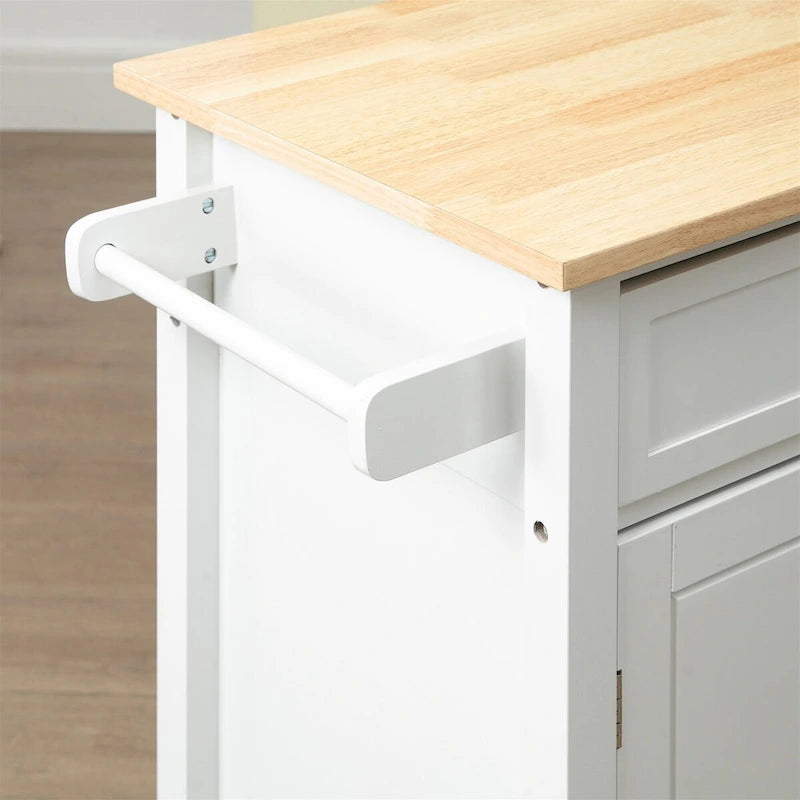 White Rolling Kitchen Island Cart with Solid Wood Top Drawer Cabinet and Open Shelves