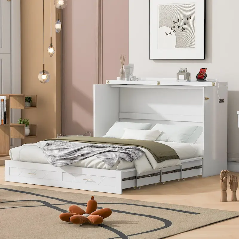 Wooden Loft Bed with Upholstered Storage Shelf and Desk
