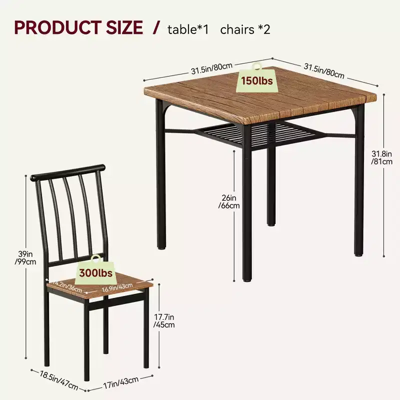 Dining Table Set for 2, Square Kitchen Table Set with 2 Stools & Storage Rack, Wooden Breakfast Table for Living Room Small Space