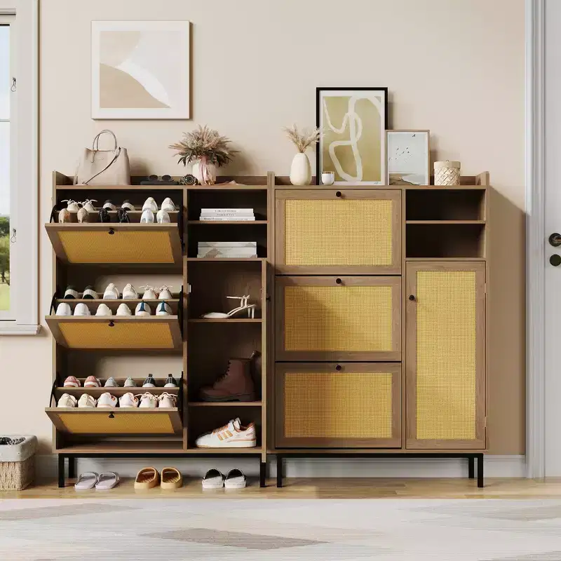 3 Flip Drawers Shoe Cabinet with 5-Tier Shelves, Freestanding Natural Rattan Shoe Storage for Entryway, Hallway & Closet