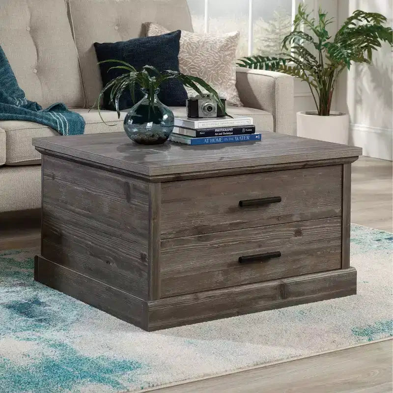 Sauder Aspen Post Square Coffee Table Pebble Pine: Farmhouse Style, MDF with Metal Hardware, Meets CPSC Standards
