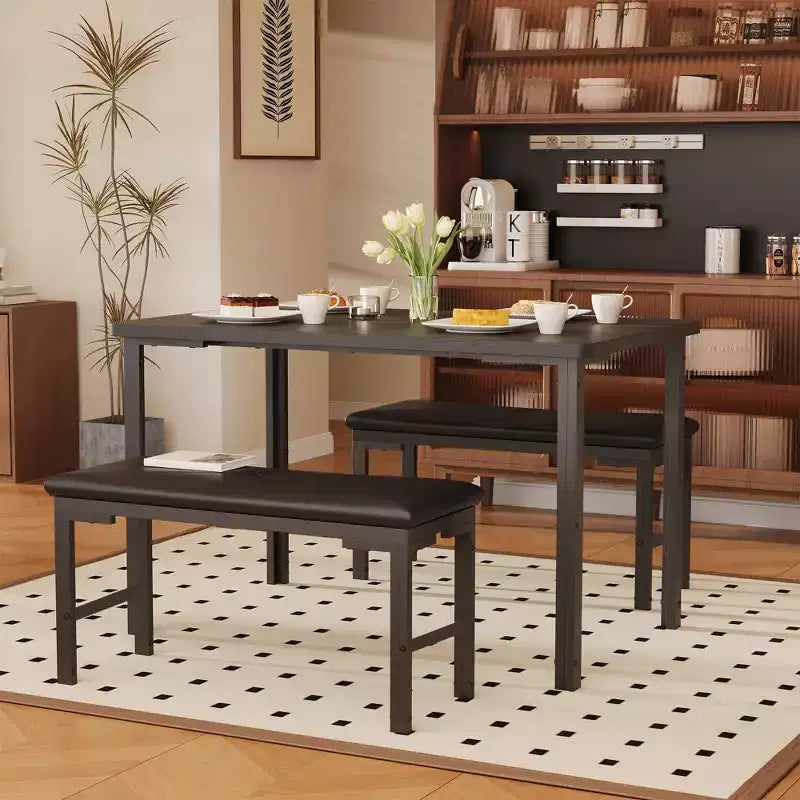 Dining Table Set for 4, 3-Piece Kitchen Table w2 Upholstered Benches, Space-Saving Dining Room Set for Breakfast Nook and Small Spaces,Outdoor Indoor