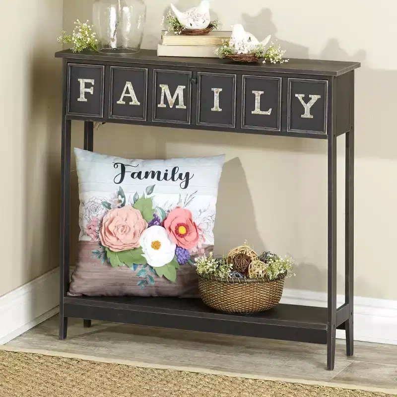 Galvanized Metal Sentiment Console Table with Hidden Storage & Word Art, 31.5