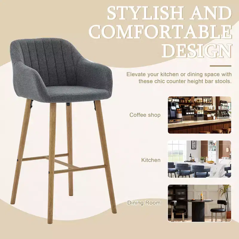 Zeus & Ruta Modern Linen Upholstery Bar Stools Set of 2 with Back, Armrest & Wood Legs, Kitchen Island Height