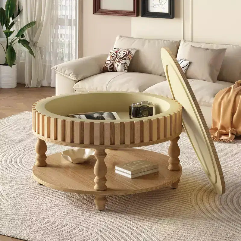 JVNOXK Mid Century Modern Fluted Coffee Table with Storage, Natural Wood Finish Center Table with Flip-Top Lid and Solid Wood Legs for Living Room